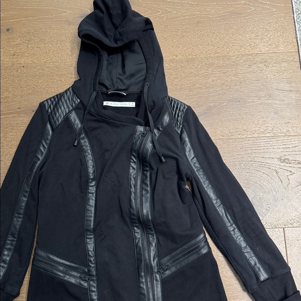 Blanc Noir Black Moto Hooded Jacket Faux Leather Trim Size M - Picture 5 of 8